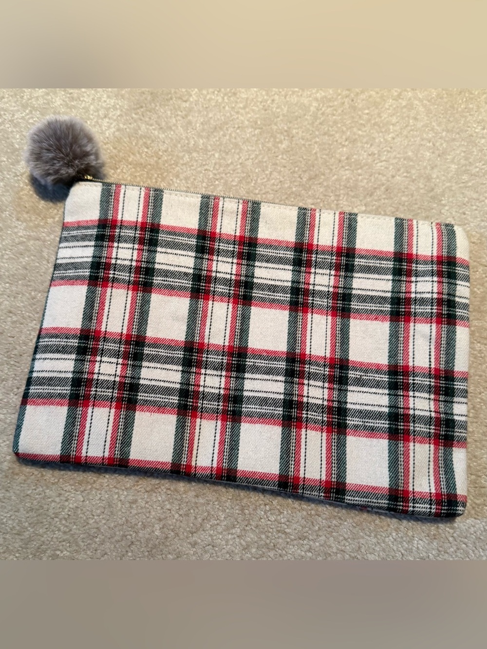 Plaid Zip Clutch Pouch with Pom Pom